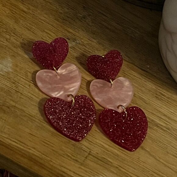Pink Triple Heart Glitter Dangle Earrings Valentine's Day Gift - Picture 3 of 6